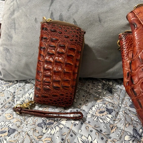Brahmin Croc-Embossed Satchel in Rich Chestnut Brown with MATCHING wallet